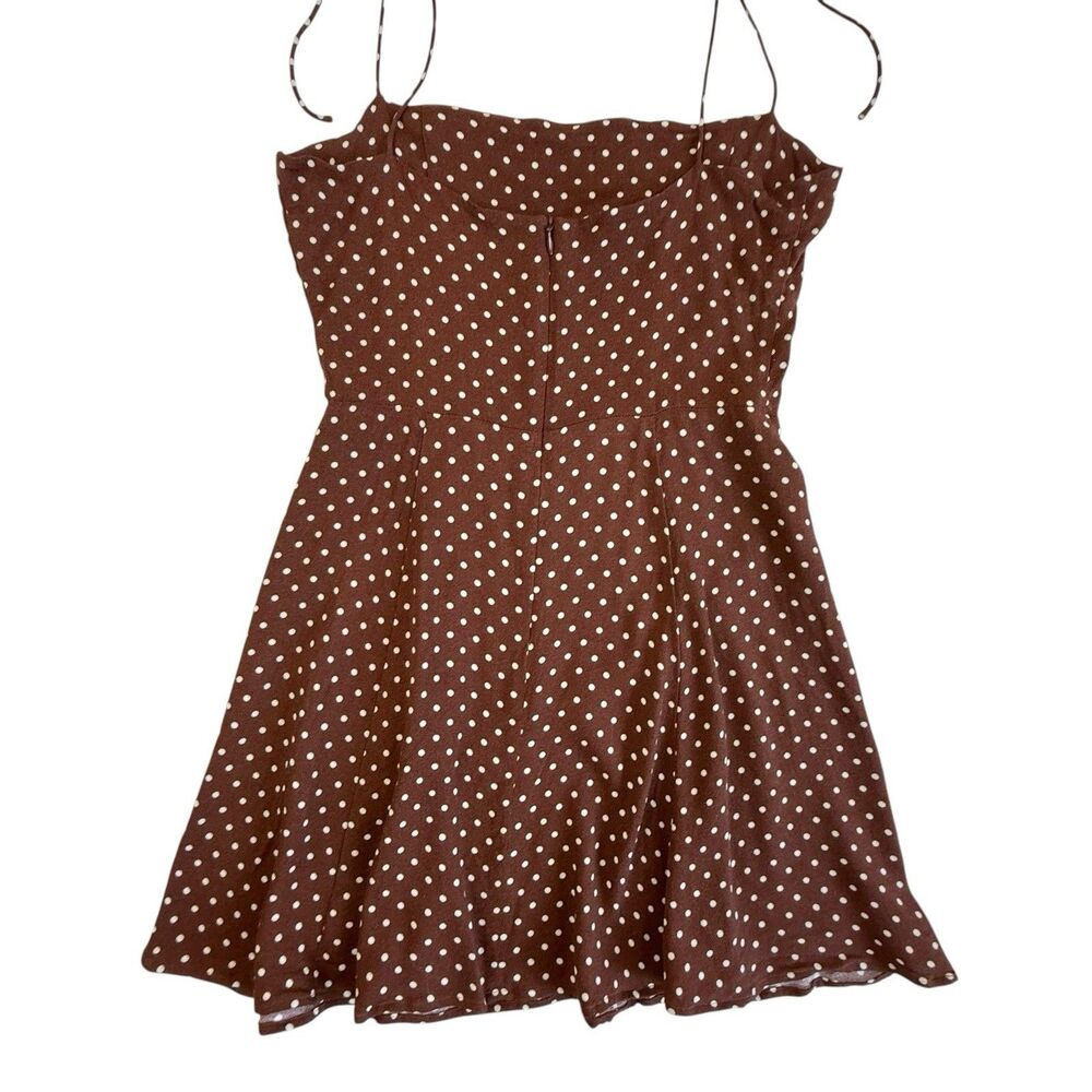 Reformation Sarah Polka Dot Mini Dress Size 8 Brown Shoulder Ties Skater Strappy - Picture 2 of 9